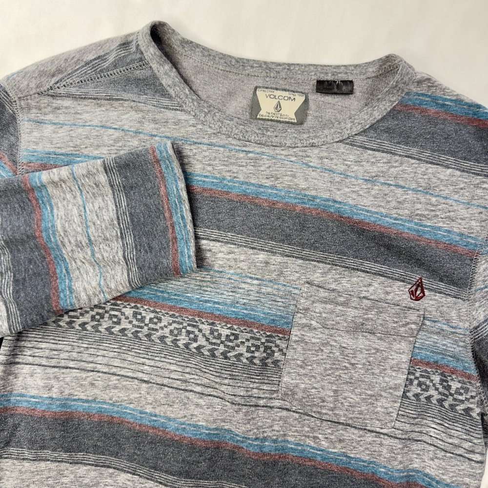 Volcom Mens‎ Shirt Small Striped Knit Crew Long Sleeve Pocket T Shirt Gray